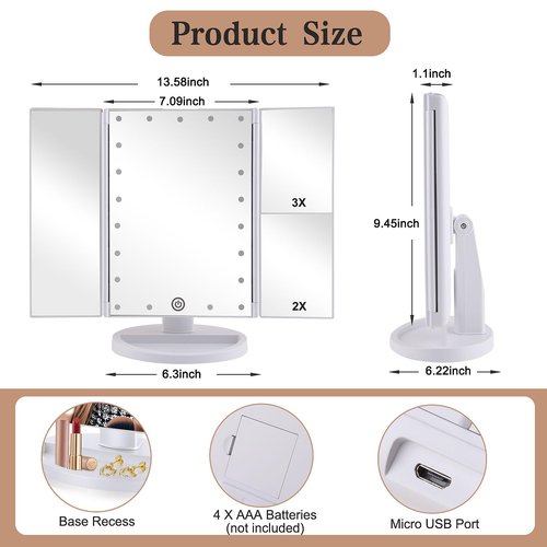 deweisn Floor Mount Tri-Fold Lighted Vanity Mirror with 21 LED Lights, Touch Screen and 3X/2X/1X Magnification, Two Power Supply Modes Make Up Mirror,Travel Mirror