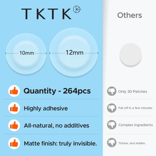 TKTK Pimple Patches for Face, 0.01cm Ultra-Thin Invisible Acne Patches, Hydrocolloid Patches for Breakouts, Absorbs Zits & Blemish, Suitable Under Makeup, 2 Sizes(10mm/12mm) 264 count