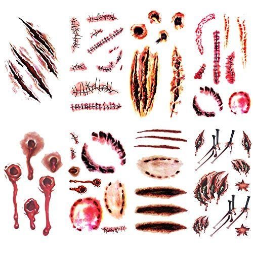 Halloween Fake Wound & Vampire Bite Tattoo Set - Waterproof 8 Sheets with Variation A (6cm x 10.5cm)