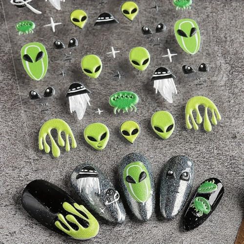 Alien Embossed Nail Art Stickers - Space UFO Rocket Design, Self-Adhesive, 2 Sheets
