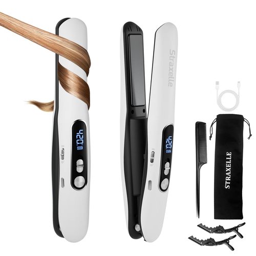 Straxelle Mini Flat Iron Hair Straightener, 2 in 1 Cordless Hair Straightener and Curler for Travel, 5000mAh Rechargeable Straighteners, 350°F-420°F Portable Flat Iron for Women