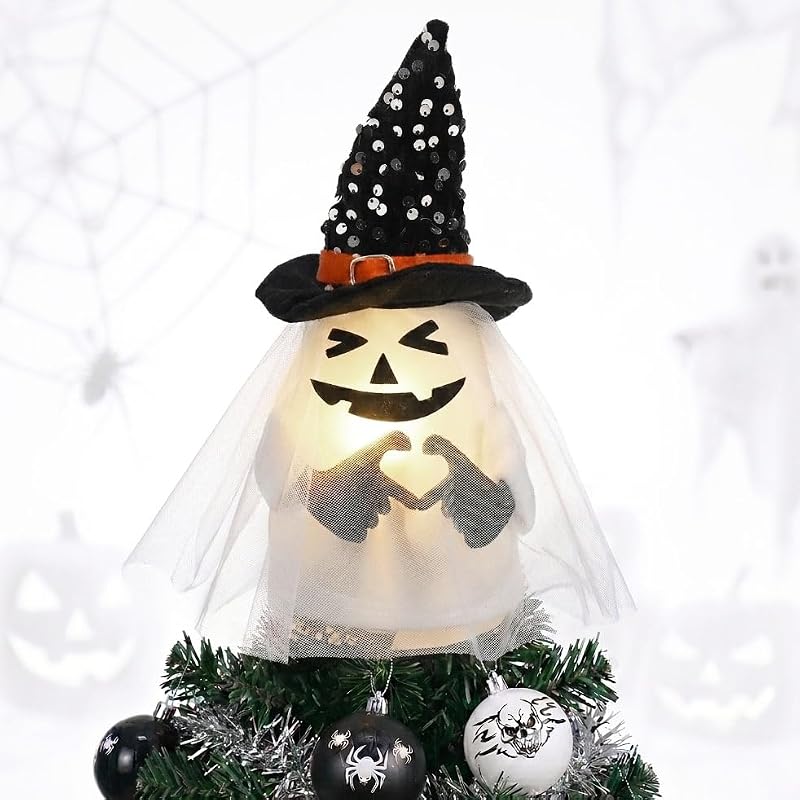 Halloween Ghost Tree Topper with Timer & Lights - 10.5 Inch Indoor Christmas Decor