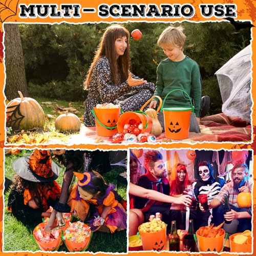 Halloween Pumpkin Trick or Treat Buckets Set - 24 Portable Plastic Jack-O-Lantern Totes