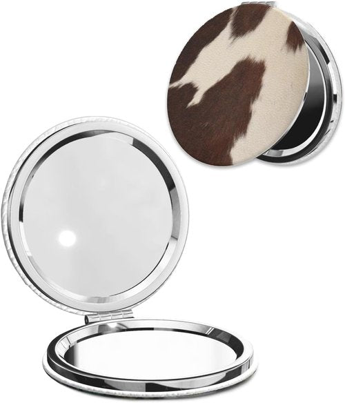 LOPIOIO Compact Pocket Mirror, 1X/2X Magnifying Round Mirror for Girls Women, Portable Pu Leather Makeup Mirror for Handbag, Purse, Travel - Western Cow Hide
