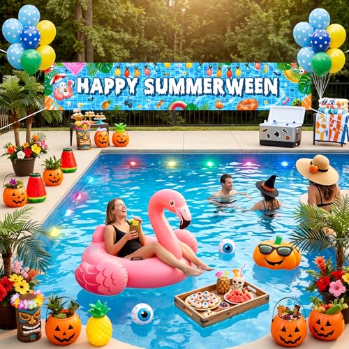Summerween Pool Party Banner with Balloons - Outdoor Indoor Halloween & Summer Decor