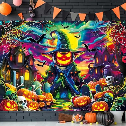 Halloween Pumpkin Photography Backdrop 8x6FT Colorful Spooky Moon Skull Graveyard Scene with Variation 96x72