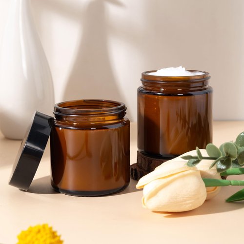 4oz Amber Glass Jars with Lids - 2 Pack Leakproof Glass Containers for Cosmetics, Creams, Lotions, or Candles, Includes Label Stickers