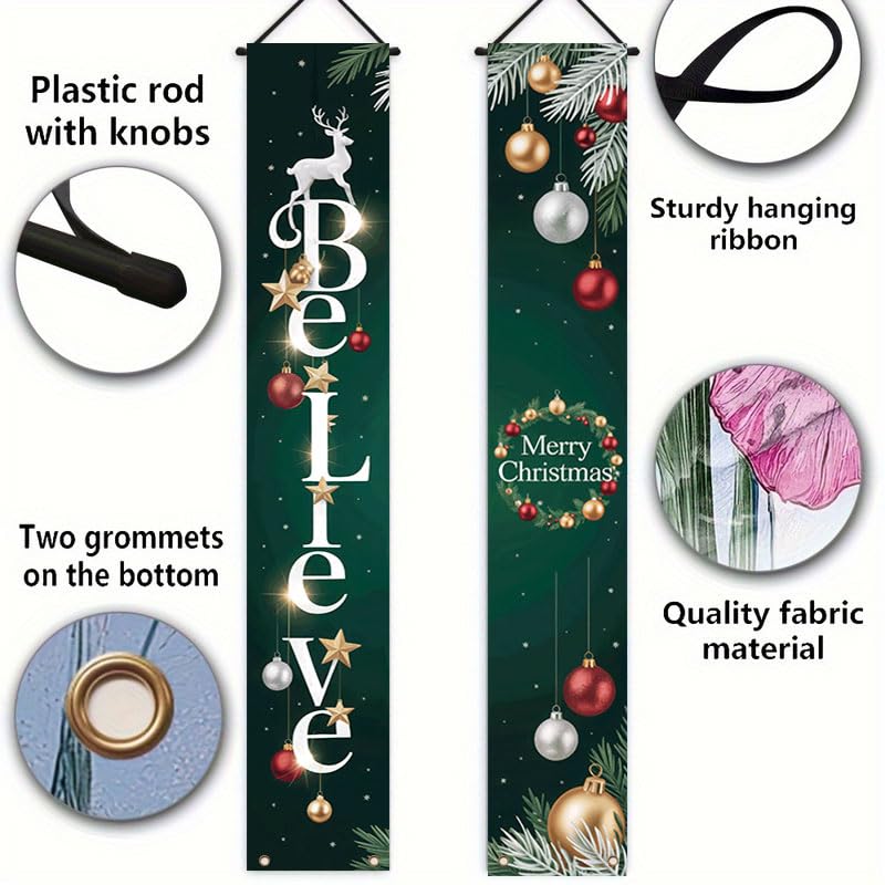 Multicolor 12x71 Inch Christmas Birthday Porch Banner with Pine Branches - Believe