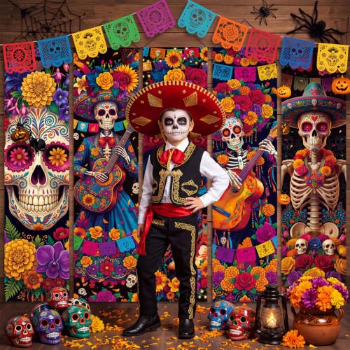 Day of the Dead Banner Set - 5 Pcs Dia De Los Muertos Halloween Decor with Sugar Skull Art & Papel Picado - Variation of 5 / Day of the Dead