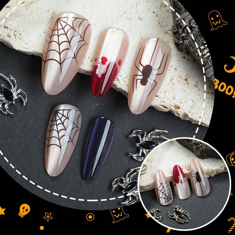 Halloween Press On Nails - Gothic Black Spider Web Almond Fake Nails, 24Pcs