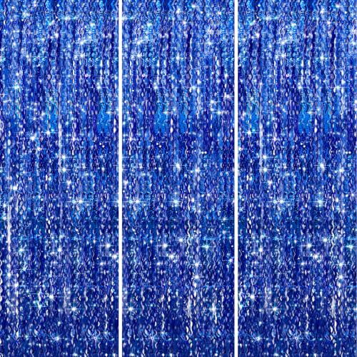Blue Tinsel Backdrop 3-Pack Foil Fringe Curtains for Party Decorations