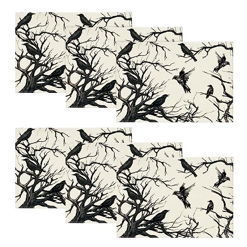 Halloween Tree Branches Crow Placemats Set of 6 - 12x18 Inch Fall Table Decor