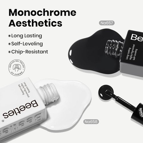 Beetles Black White Gel Polish Kit - 2 Colors Hema Free Soak Off UV Gel Polish Set Same Color Same Bottle Design Manicure Salon DIY at Home for Women