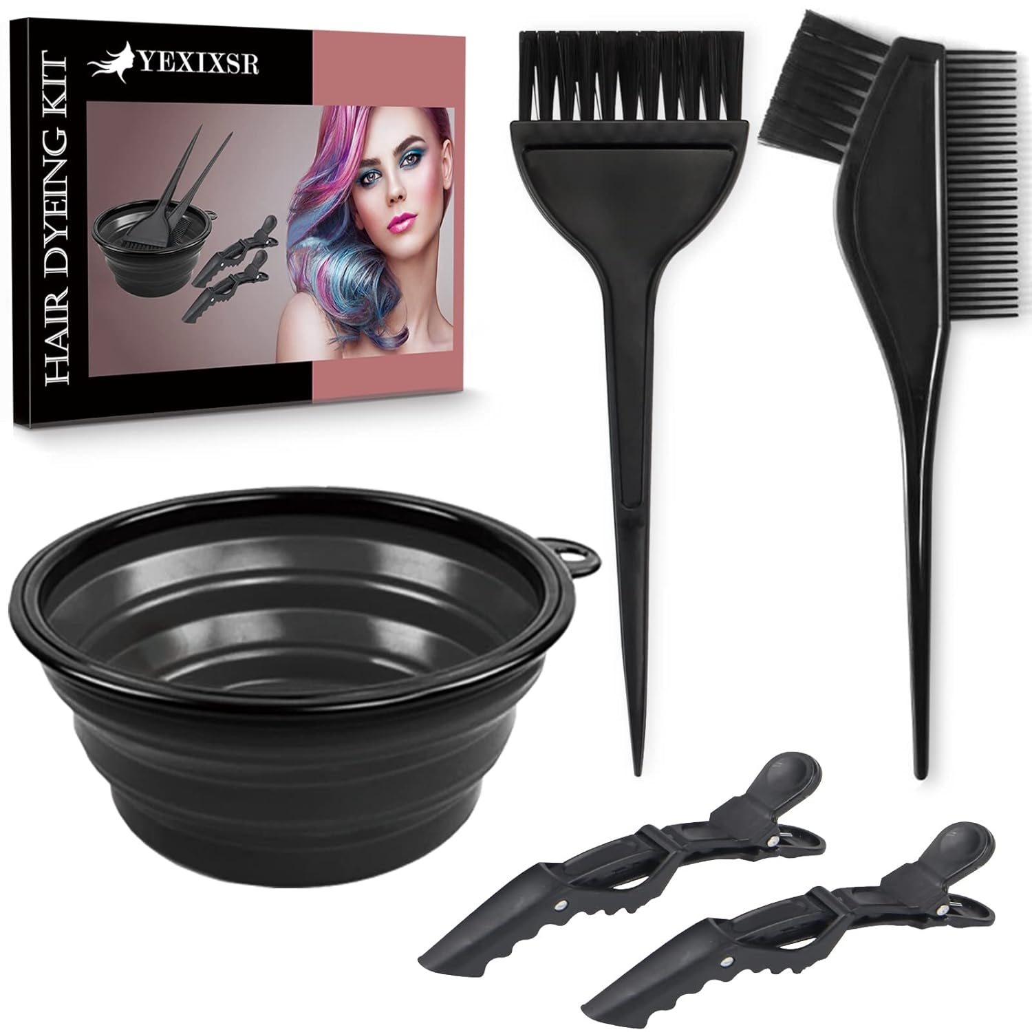 Yexixsr Professional Salon Hair Coloring Kit - 5 Pcs Hair Dye Brush, Bowl & Clips Included
