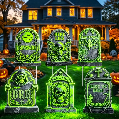 6 Pack Halloween Glow-in-The-Dark Tombstone Decorations - Weatherproof Outdoor Gravestones