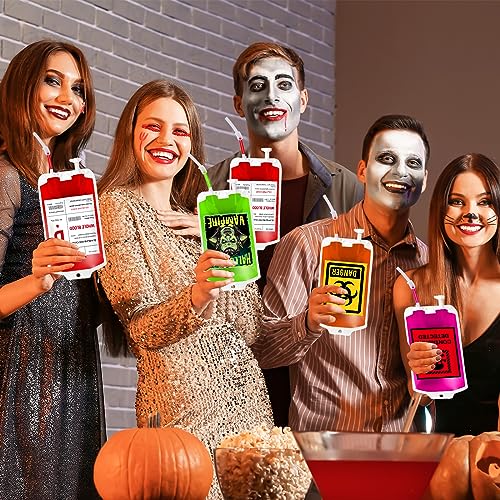 Halloween Blood Bag Props Set - Refillable Pouches with Straws & Filling Tools, Spooky Party Accessories
