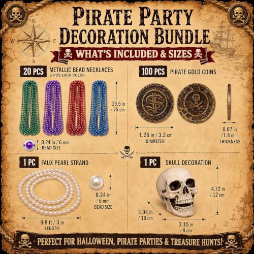 Pirate Treasure Party Decorations Kit with Coins Beads and Skull - Halloween & Birthday