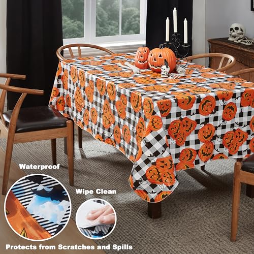 Halloween Jack O Lantern Vinyl Rectangular Tablecloth 60x120 Inches with Flannel Backing - Rustic Fall Decor