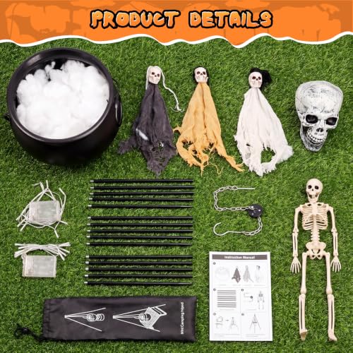 Outdoor Halloween Cauldron Decoration with Skeletons & Green Light - 53" Tripod Frame