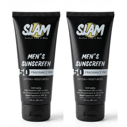 SLAM Men's Sunscreen Lotion SPF 50 & Moisturizer – Face & Body Sunblock, Anti-Aging, Water-Resistant, Hawaii Act 104 Safe, Skincare for Men, Unscented – 3 fl oz.each. Double pack.