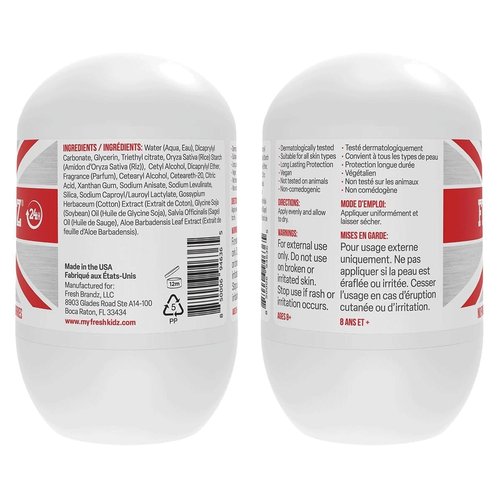 Fresh Kidz Roll On Deodorant for Kids and Teens - Baking Soda and Aluminum-free 24 Hour Protection for Sensitive Skin - Boys "Red" 1.86 fl.oz. (2 Pack)