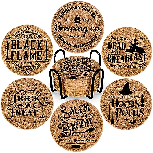 Halloween Cork Coasters 6-Pack with Holder Farmhouse Style Drink Mats for Table Protection