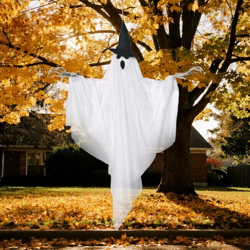 Halloween Hanging Ghost Decor - White & Black, Indoor Outdoor Spooky Ghosts with Lights - 70cm