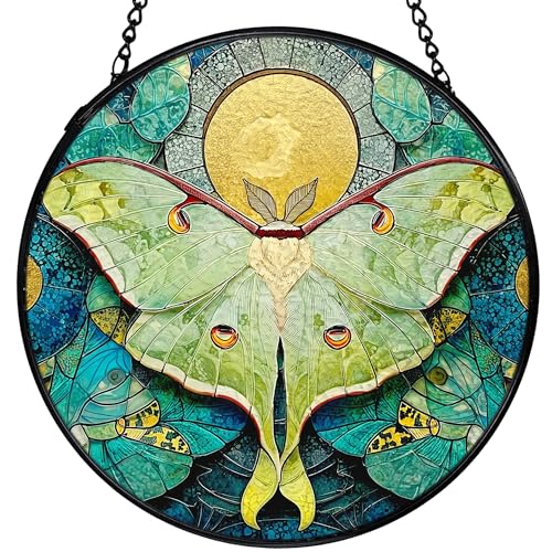 Green Luna Moth Suncatcher Stained Glass Window Hanging - Wall Art Decor, 7.9 Inch
