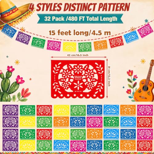 Mexican Party Decorations Banner Set - 32 Papel Picado Fiesta Banners - 480 Feet, Bright Colors, Reusable