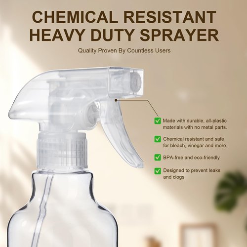 Skiennix Plastic Spray Bottles - 2-Pack, 16.9 Oz, Heavy Duty for Cleaning, Essential Oils & Plants | Clear