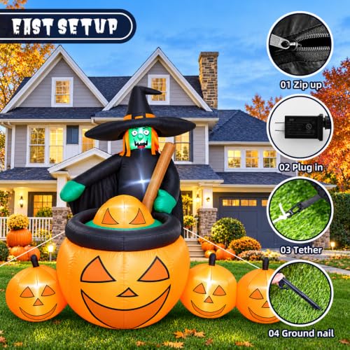 7 FT Halloween Inflatable Witch Pumpkin Cauldron Yard Decor with LEDs Outdoor Display