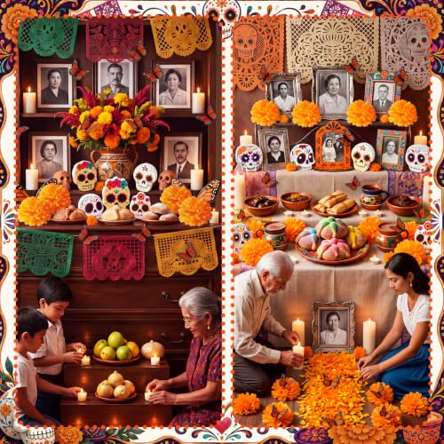 Day of the Dead Ofrenda Decorations Kit - 23 Pcs Memorial Altar Set with Sugar Skulls & Marigolds