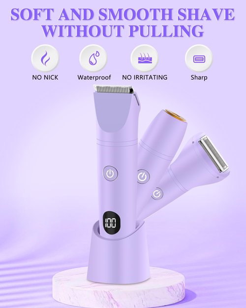 Bikini Trimmer for Women, Electric Razor for Pubic Hair 3-in-1, Bikini Shaver for Legs Body Hair, Womens Electric Razor IPX6 Waterproof, Gifts for Women,Purple