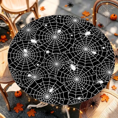 Halloween Spider Web Round Fitted Tablecloth 44 Inch Waterproof & Stain-Resistant