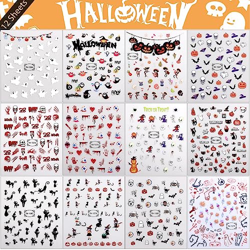 Halloween Glow in The Dark Nail Art Stickers Set - 12 Sheets, Spooky Patterns for DIY Manicure