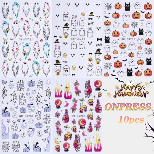 Halloween Nail Stickers Set Little Ghost – 10 Sheets Pumpkin & Ghost Face Decals for DIY Manicure
