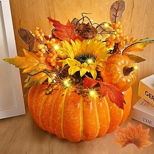 Orange Fall Decor Pumpkin Set - 2 Faux Pumpkins with Lights & Leaves