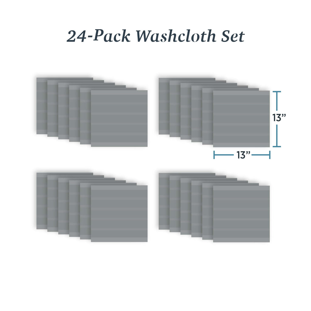 Welhome James 100% Cotton Textured Stripe Towels - 24 Pack Washcloths, Soft & Absorbent, Gray