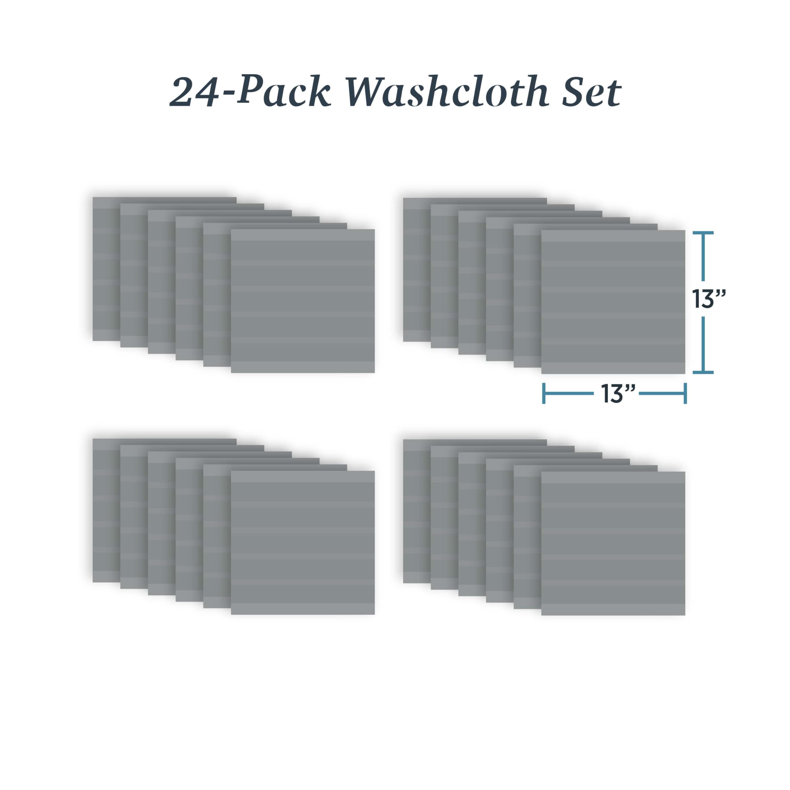 Welhome James 100% Cotton Textured Stripe Towels - 24 Pack Washcloths, Soft & Absorbent, Gray