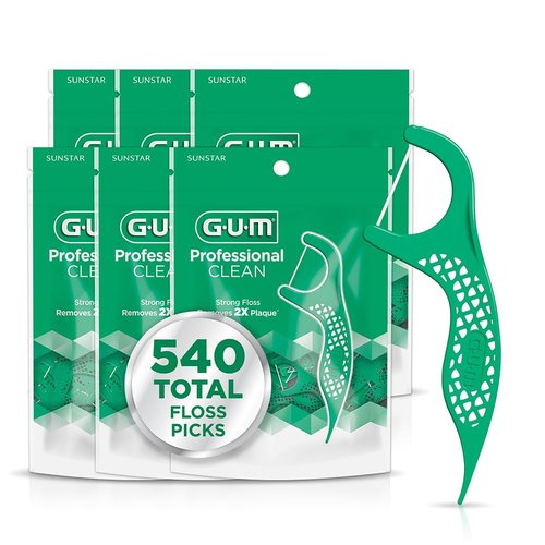 GUM Professional Clean Floss Picks - Extra Strong Shred-Resistant Floss, Easy Grip Handle - Dental Flossers for Adults - Fresh Mint Flavor, 90 Count (Pack of 6) 540 Total