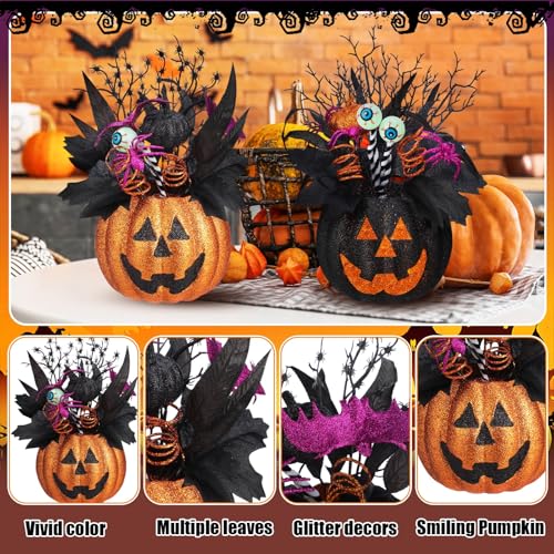 Halloween Jack O Lantern Table Centerpieces - Artificial Flowers with Spiders & Eyeballs, 14x10 Inches - Spooky Indoor Outdoor Decor