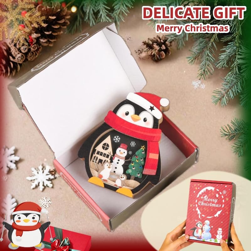 Penguin Christmas Ornament with Wooden Snowman Scene - Black Variation