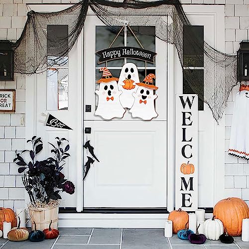 Halloween Ghost Door Sign Set - Three Wooden Ghosts Halloween Decorations for Front Door Wreath Indoor Outdoor - 14.5x12.6in