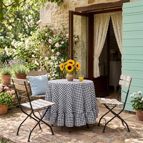 Black Gingham Ruffled Cotton Tablecloth 50 Inch Round - SquarePie