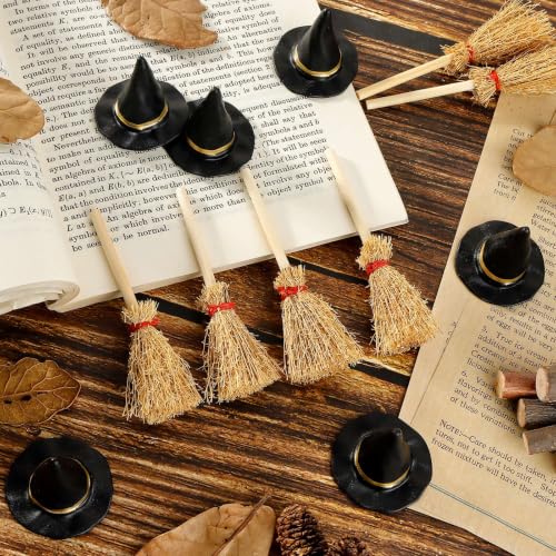 Mini Witch Hat and Broom Set - Halloween Decorations for Cake Toppers & Party Favors