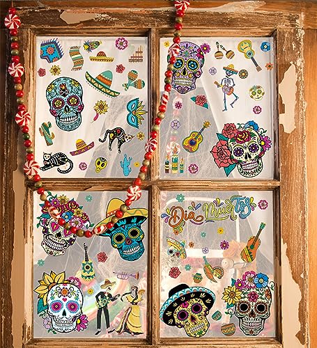 Halloween Day of the Dead Sugar Skull Flower Window Stickers - Skull Variation