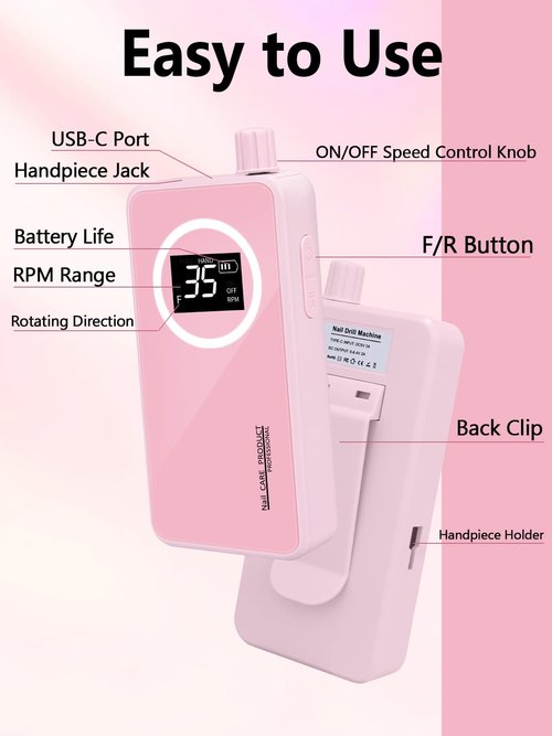 Nail Drill, Portable Electric Nail File 50000RPM, Rechargeable Nail Drill Professional with Bits for Acrylic Gel Nails, E-File Machine Manicure Polishing for Salon Home,Pink