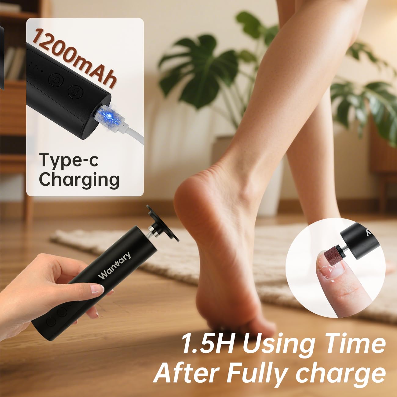 Wanvary 2 in 1 Electric Foot Callus Remover, USB Rechargeable Foot File Sander with 80/120 Grit Sandpaper Discs,High Quality Professional 1200RPM Aluminum Callus Remover for Nail Care