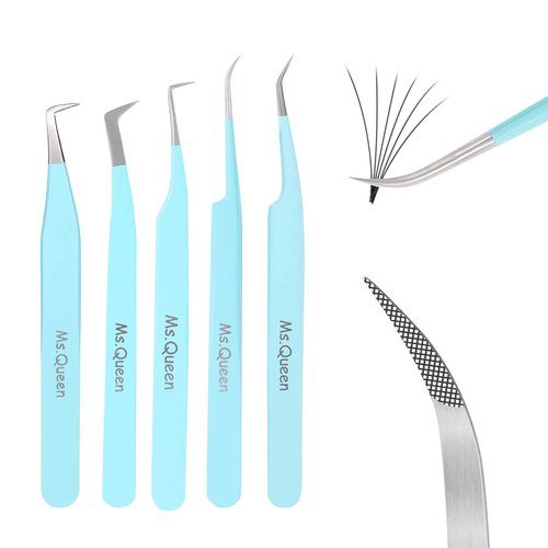 Ms.Queen Lash Tweezers for Eyelash Extensions,Professional 5Pcs Fiber Tip Curved Isolation 45 90 Degree Boot Volume Lash Tweezers for Extensions, Blue