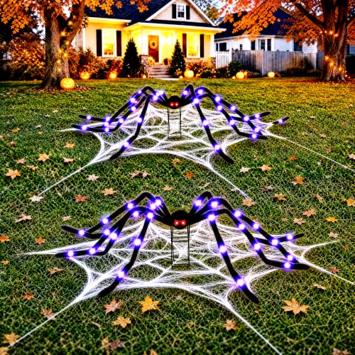 2 Pack 6.6 Ft Giant Halloween Spider with Light-Up 9" Metal Stand & 8 Light Modes